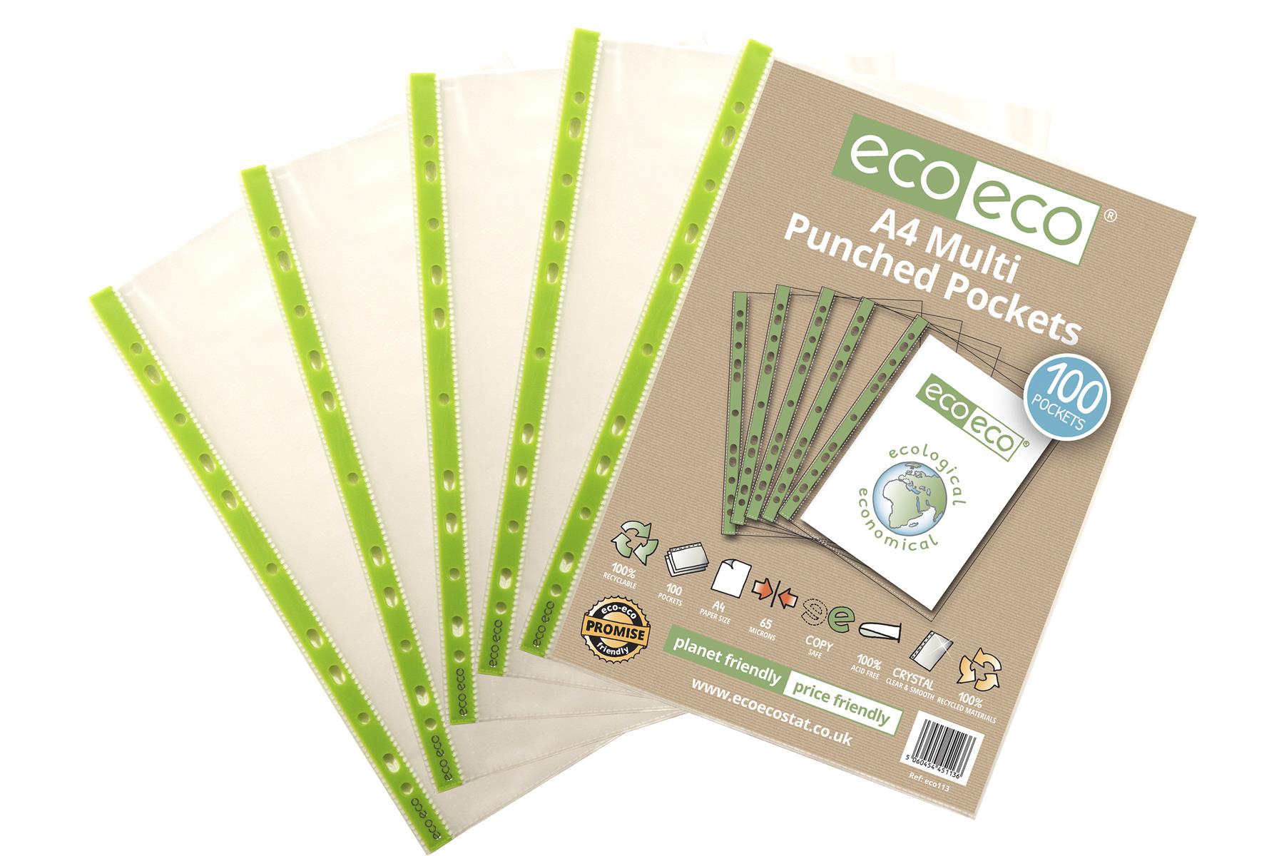 2 x A4 100% Recycled Bag 100 65 Micron Multi Punched Pockets
