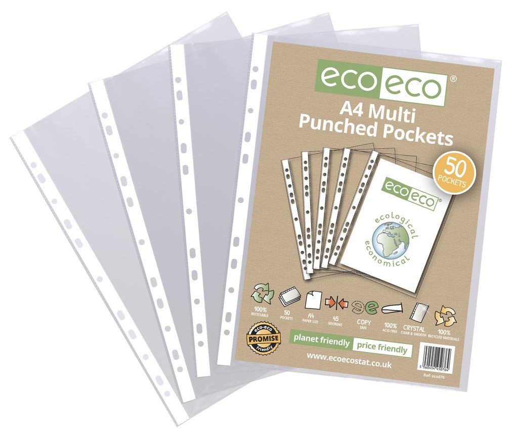 2 x A4 CLEAR PUNCHED POCKETS STRONG POLY PLASTIC SLEEVE FILE WALLETS ECOECO RECYCLED[Pack of 50 Punched Pocket]