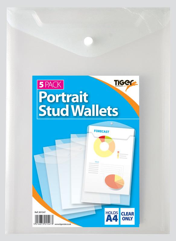 A4 Pk 5 Portrait Stud Wallets CLEAR