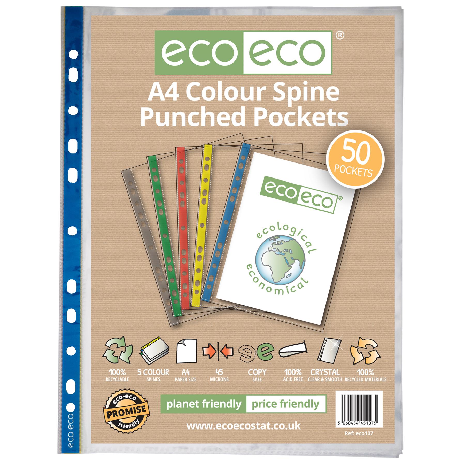 10 x A4 100% Recycled Bag 50 Colour Spine Multi Punched Pockets