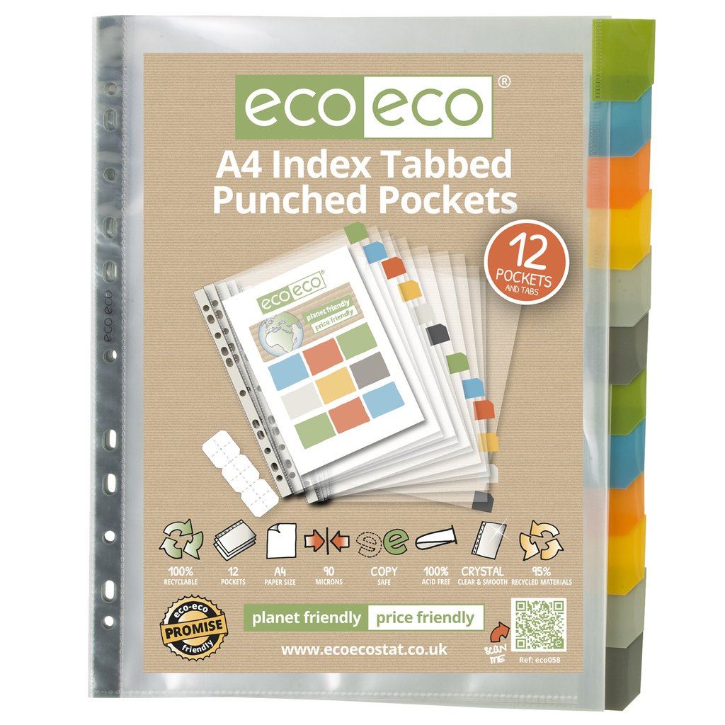 2 x A4 95% Recycled Set 12 Index Tabbed Premier Punched Pockets