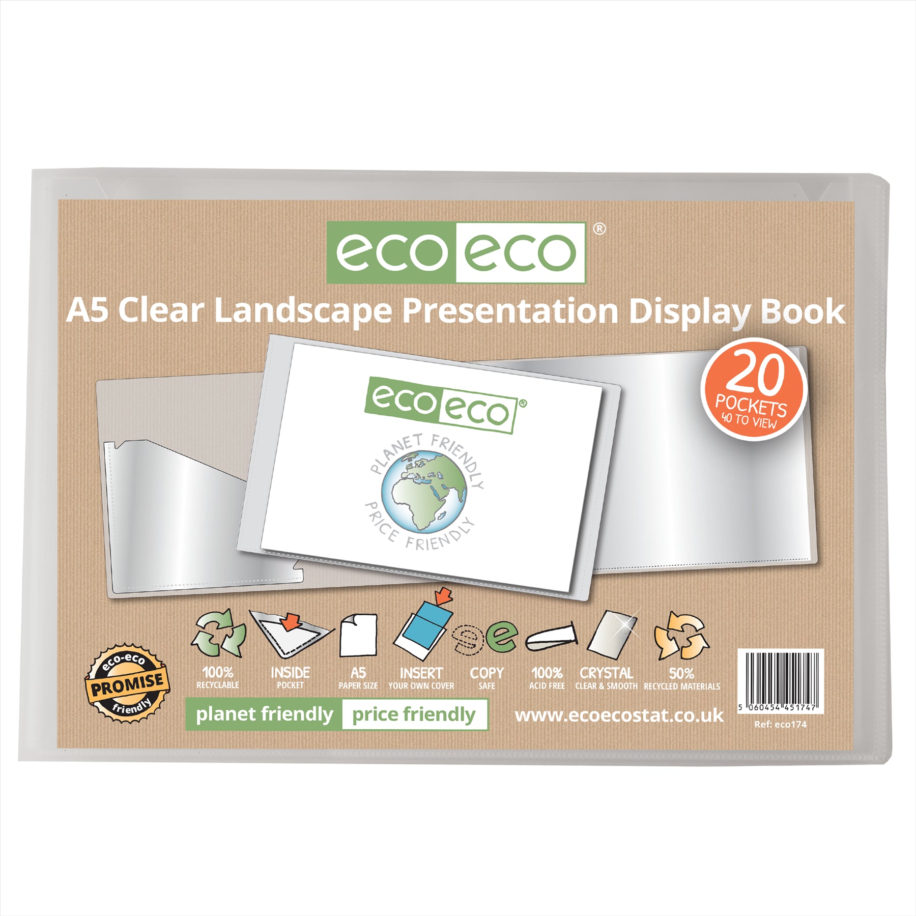 6 X A5 50% Recycled Clear 20 Pocket Landscape Presentation Display Book