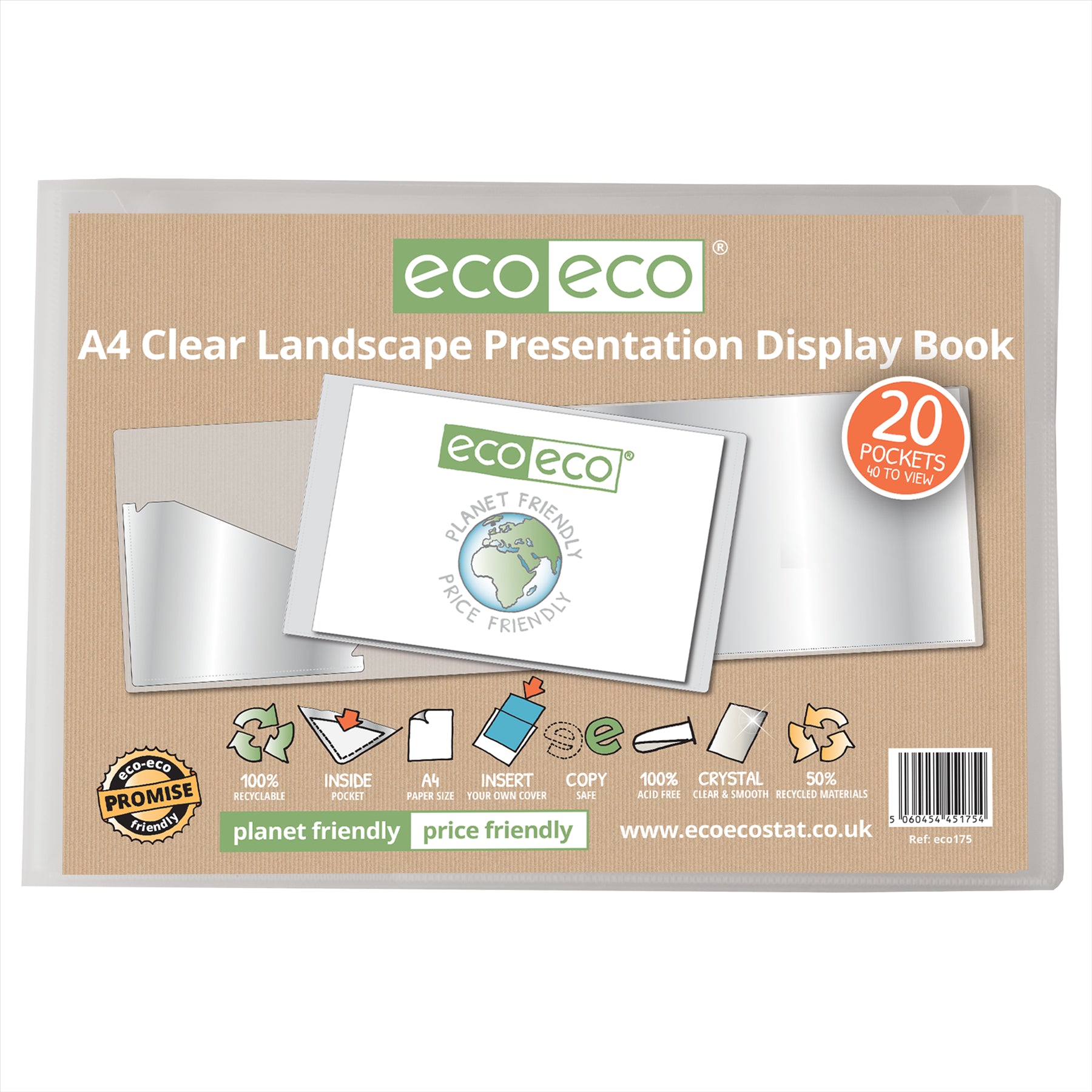 6 X A4 50% Recycled Clear 20 Pocket Landscape Presentation Display Book