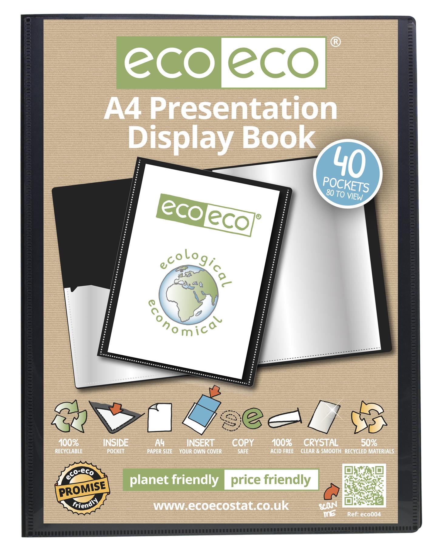 eco-eco A4 Size 50% Recycled 40 Pocket Presentation Display Book, Storage Case Portfolio Art Folder with Plastic Sleeves, Pack of 2 (1 Black and 1 Clear) eco004_98