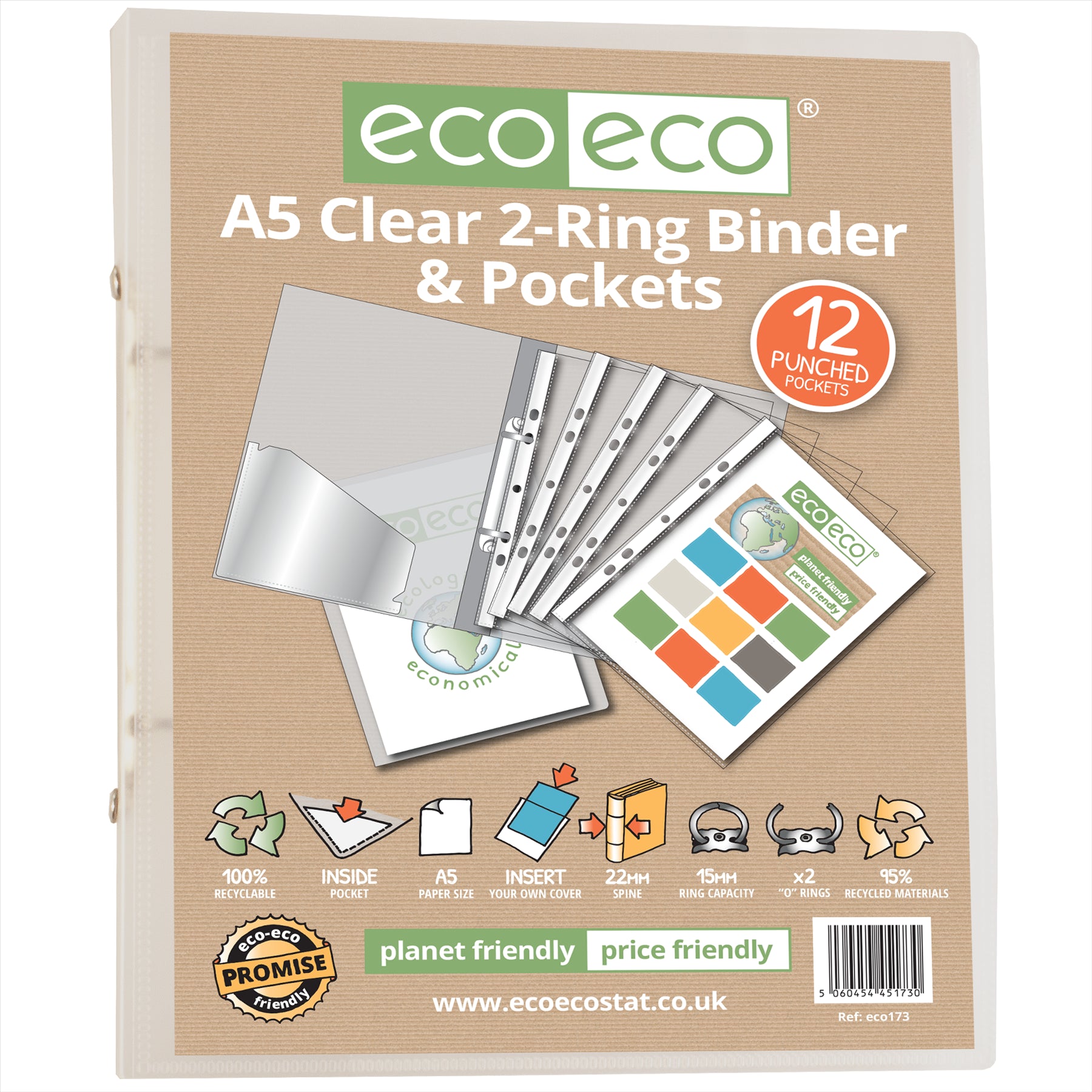 6 X A5 65% Recycled Clear 2-Ring Binder with 12 Punched Pockets