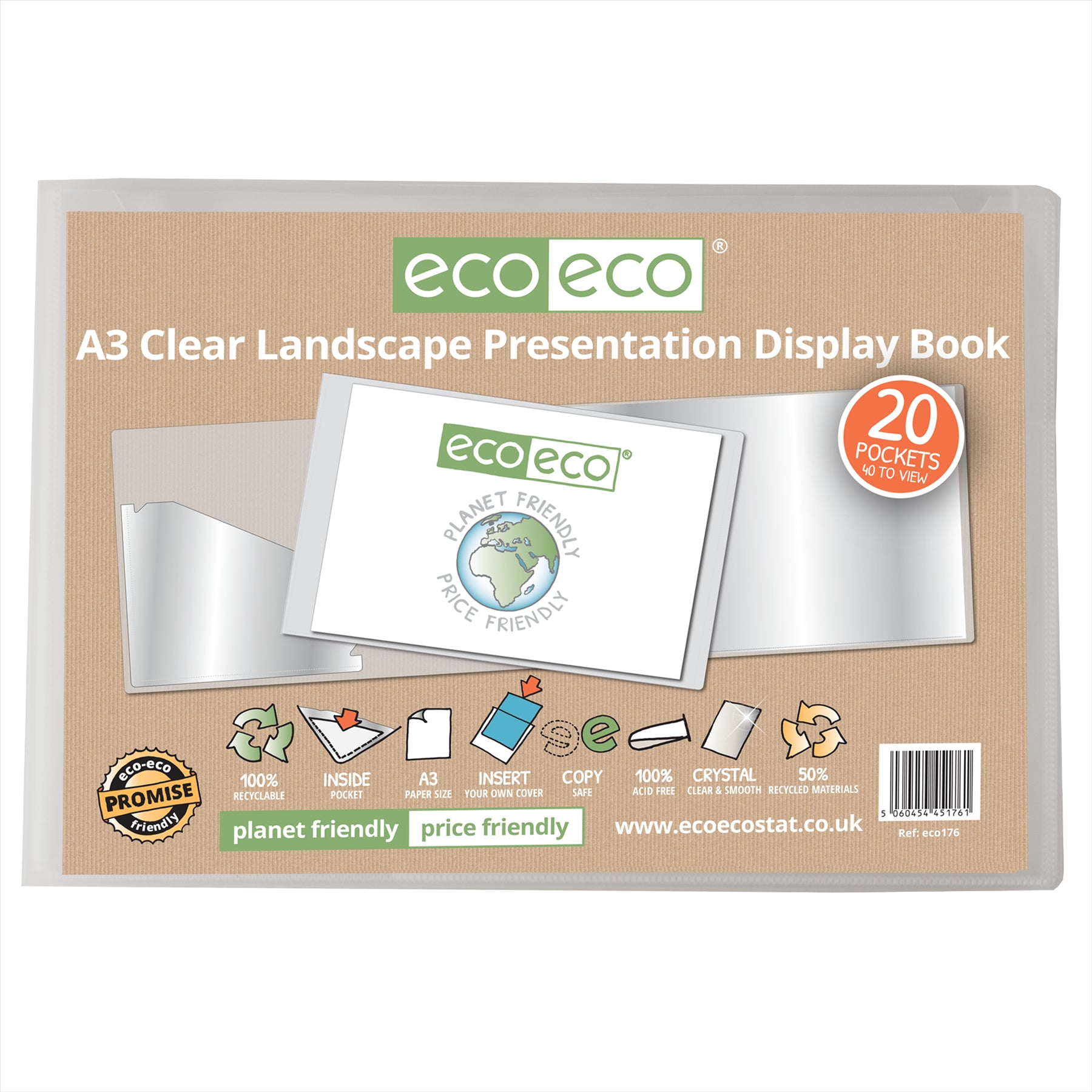 6 X A3 50% Recycled Clear 20 Pocket Landscape Presentation Display Book