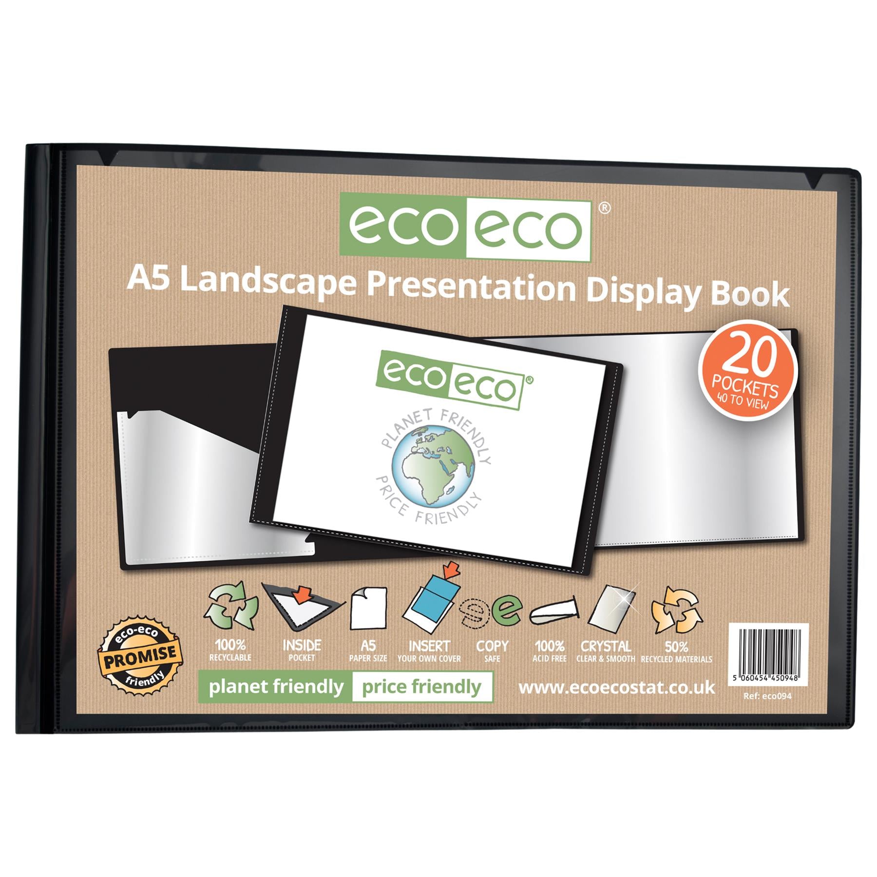 12 X A5 50% Recycled 20 Pocket Landscape Presentation Display Book