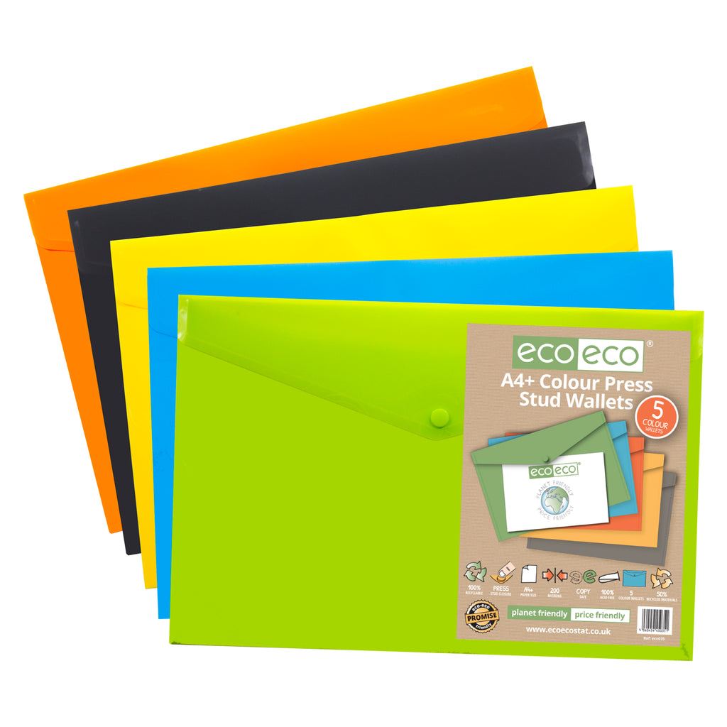 25 x Mixed A4+ 95% Recycled Colour Press Stud Wallets
