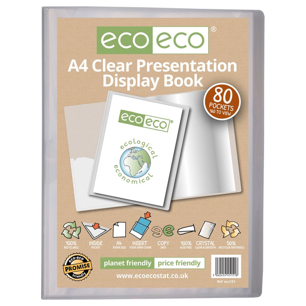 4 X A4 50% Recycled Clear 80 Pocket Presentation Display Book