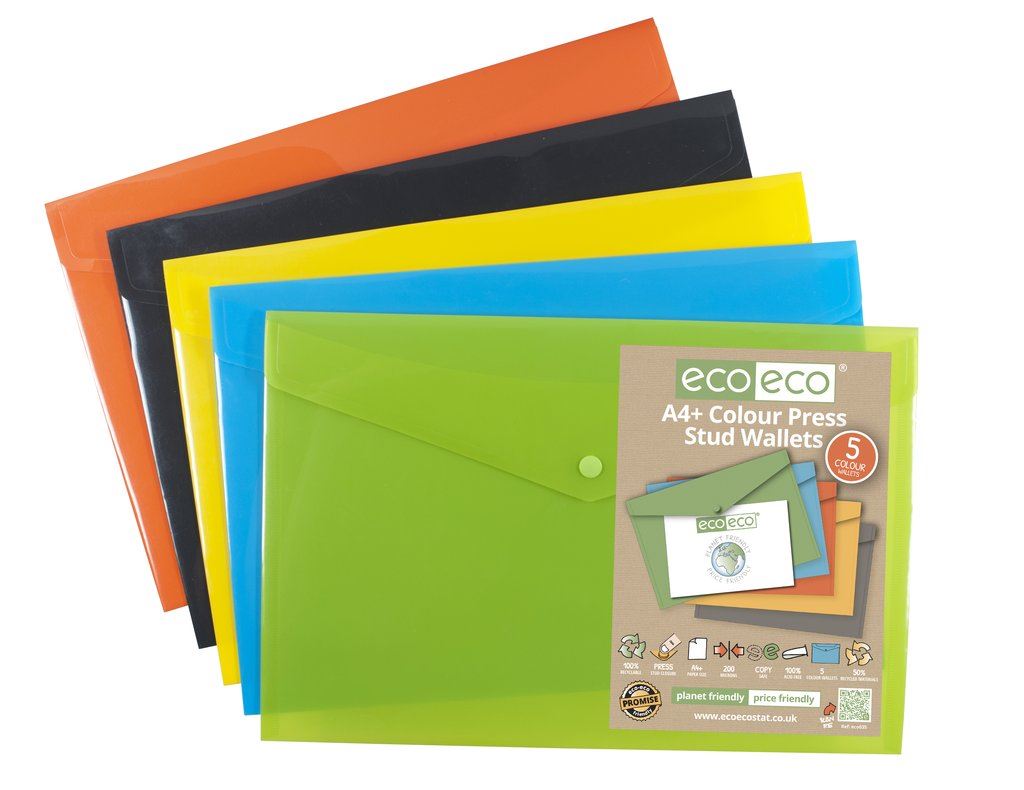 5 x Yellow A4+ 95% Recycled Colour Press Stud Wallets
