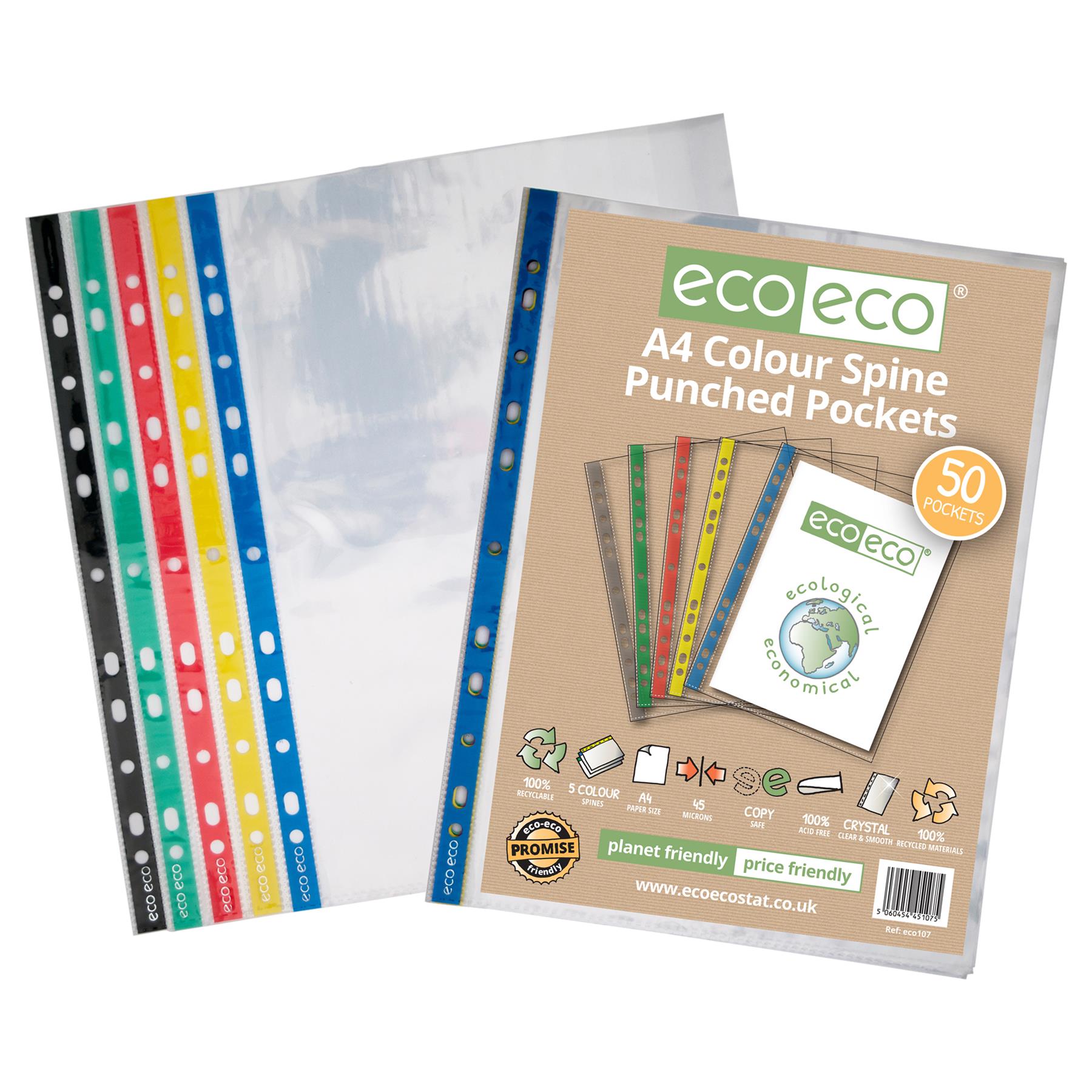 2 x A4 100% Recycled Bag 50 Colour Spine Multi Punched Pockets