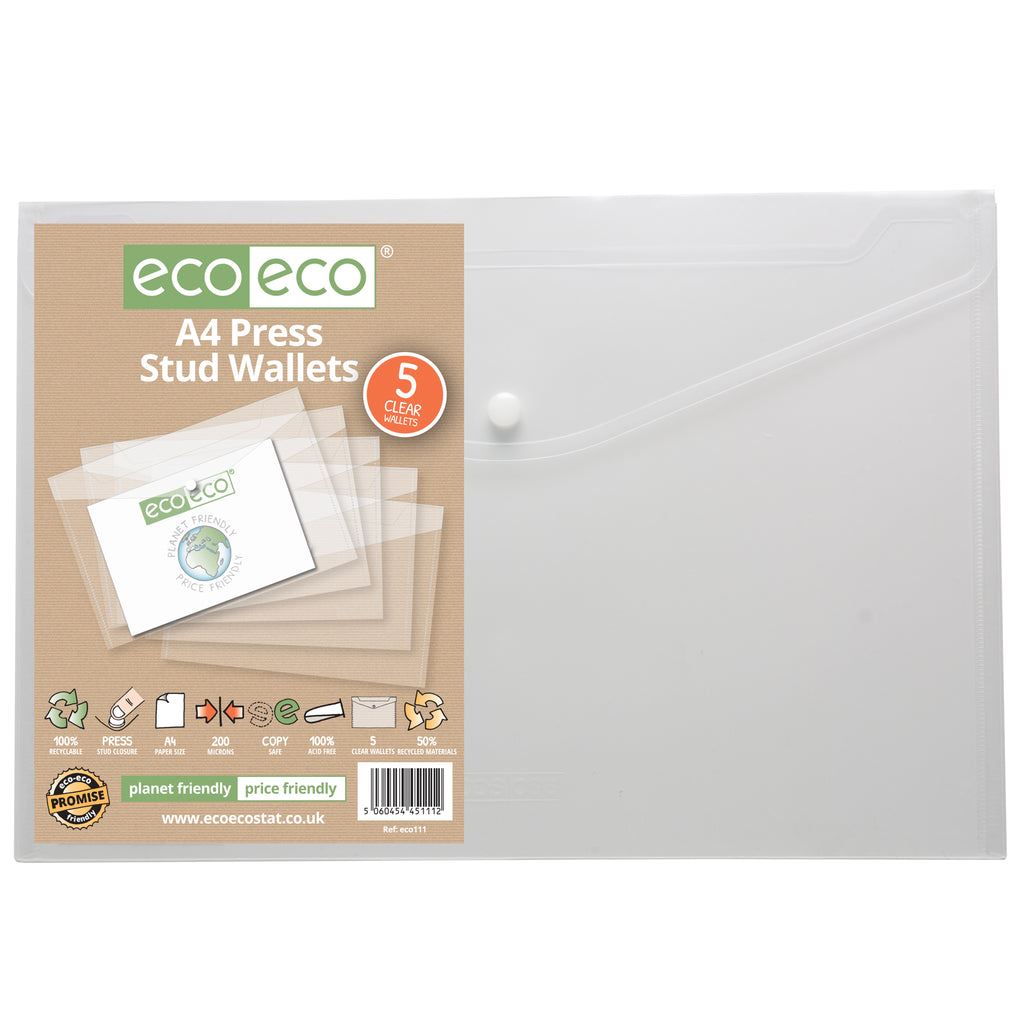 A4 50% Recycled Bag 5 Clear Press Stud Wallets*P*