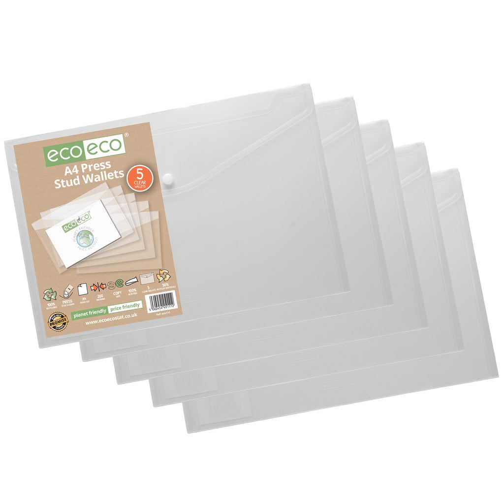 4 x A4 50% Recycled Bag 20 Clear Press Stud Wallets