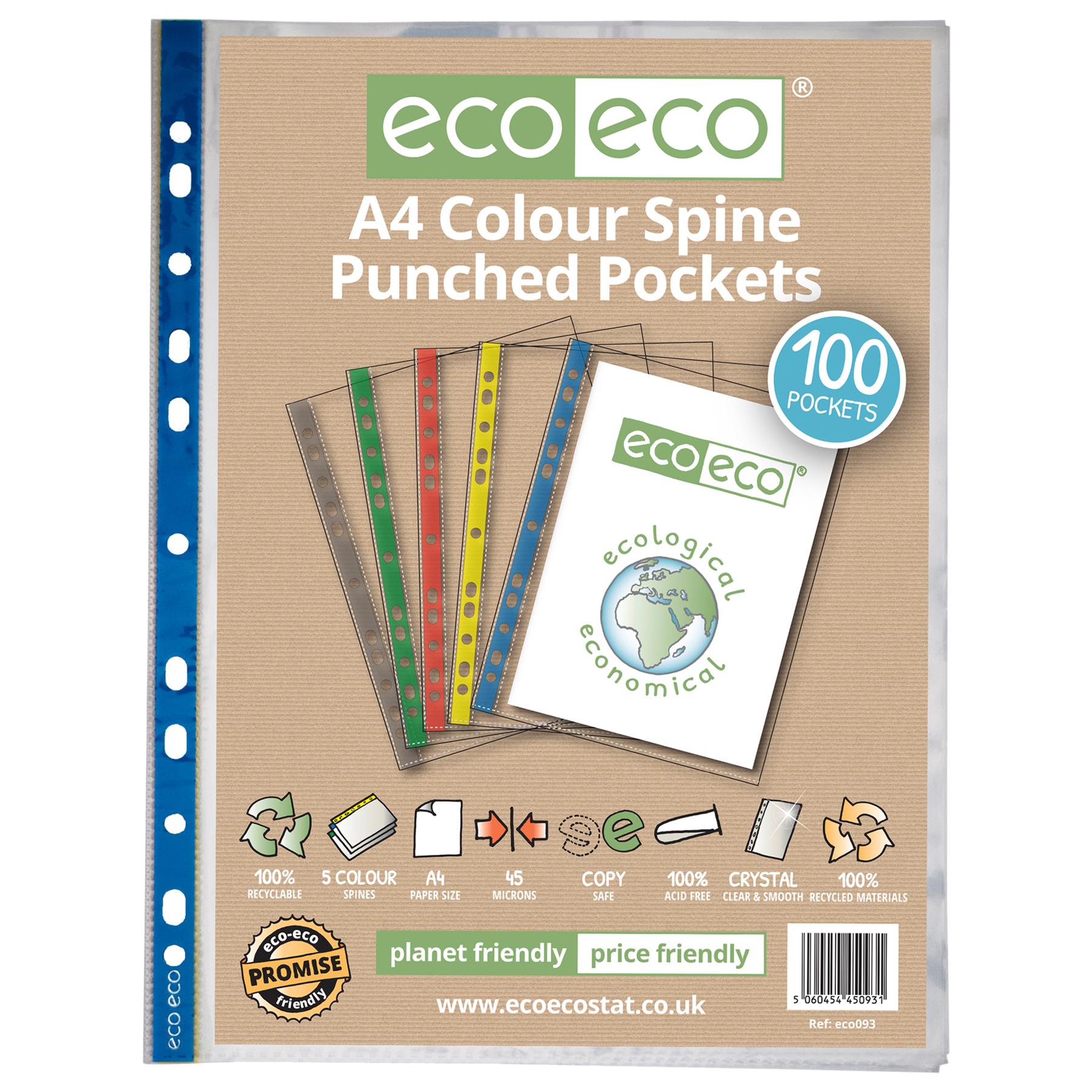 A4 100% Recycled Bag 100 Colour Spine Multi Punched Pockets*P*